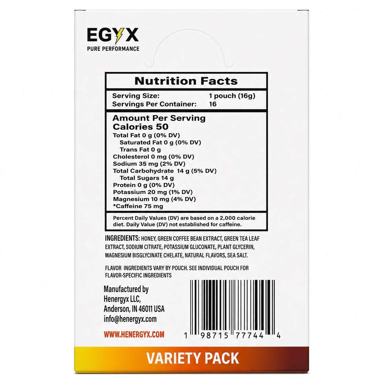 EGYX Honey-Based Energy Gel 75 mg Caffeine, Fast Clean Energy, Preservative-Free for Running, Workouts & Daily Use, 16-Count Variety Pack