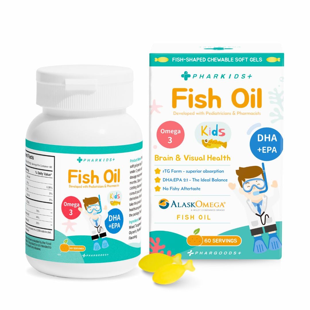 PHARGOODS+ Kids' Fish Oil 272mg Omega-3 DHA & EPA for Brain, Vision & Immune Support Orange Flavor Fish-Shaped Soft Gels, 60 Servings