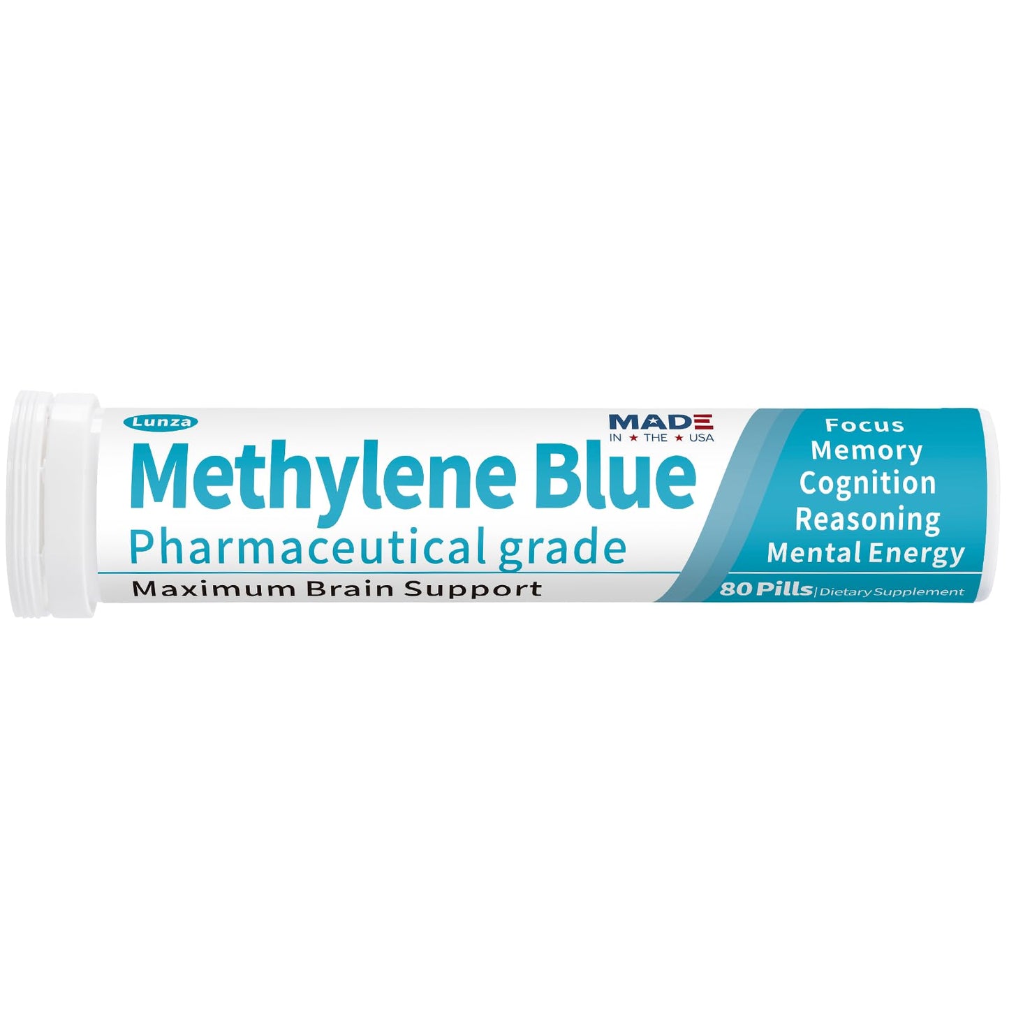 Lunza Methylene Blue Pharmaceutical Grade Nootropic Supplement for Brain Support, Focus & Clarity with L-Theanine & Vitamin C, Lab Tested, No Formaldehyde, 80 Tablets