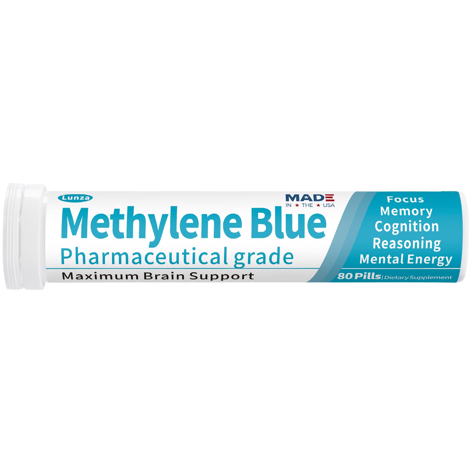 Lunza Methylene Blue Pharmaceutical Grade Nootropic Supplement for Brain Support, Focus & Clarity with L-Theanine & Vitamin C, Lab Tested, No Formaldehyde, 80 Tablets