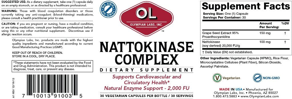 Olympian Labs Nattokinase Complex with Grape Seed Extract, 30 Capsules