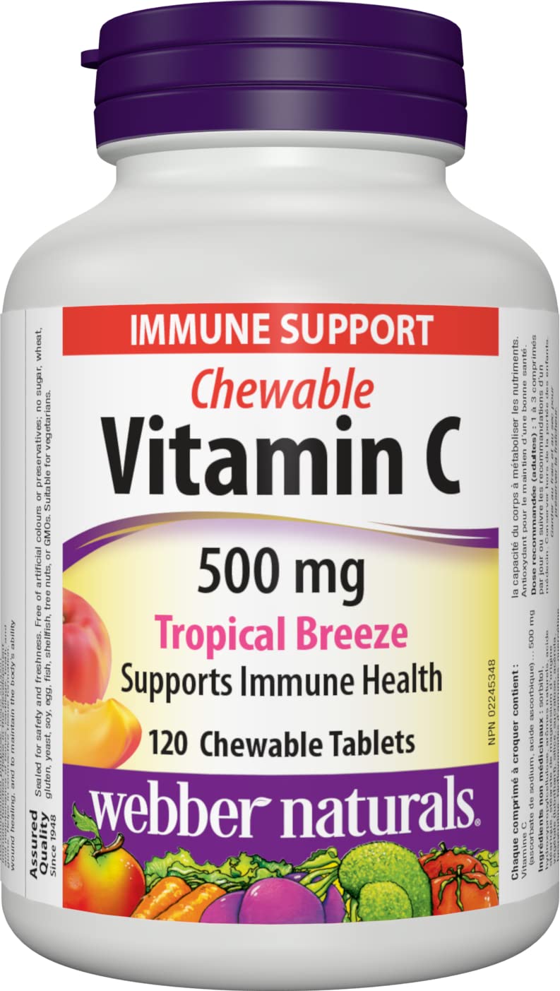 Webber Naturals Vitamin C Chewable 500 mg Tropical Breeze Flavour Tablets, 120 Count