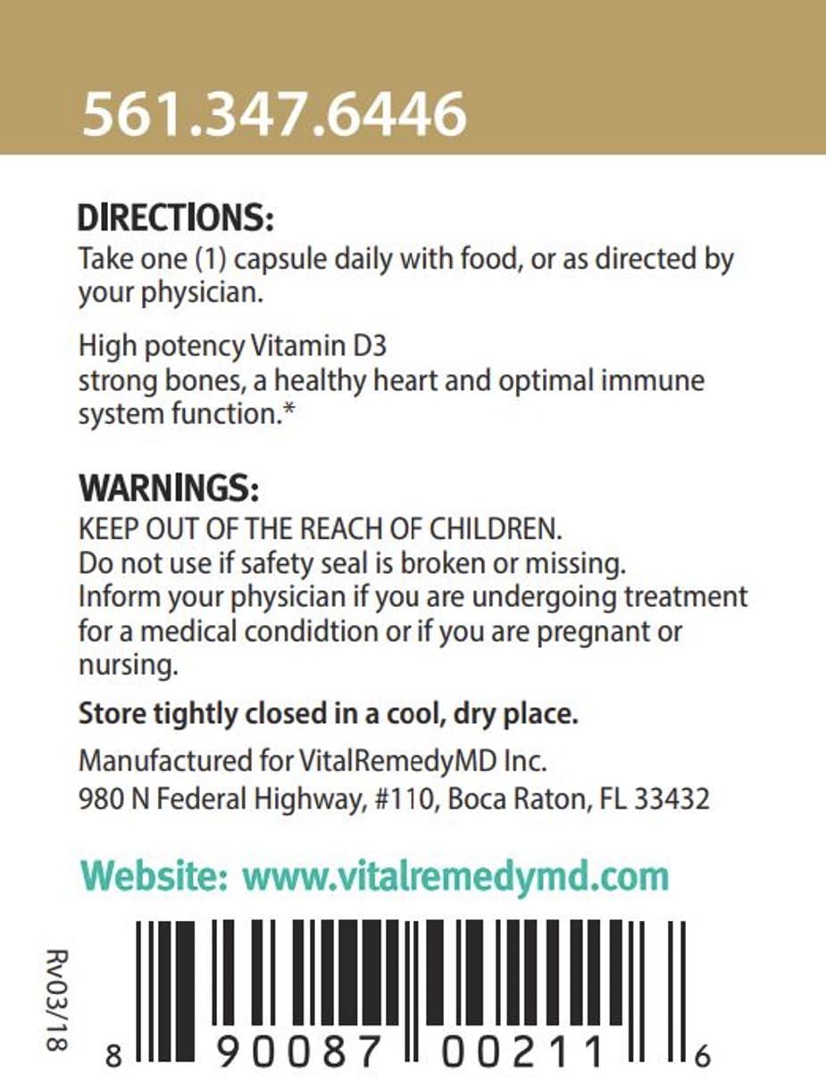 VitalRemedyMD Vitamin D3 5000 IU Capsule, 90 Count
