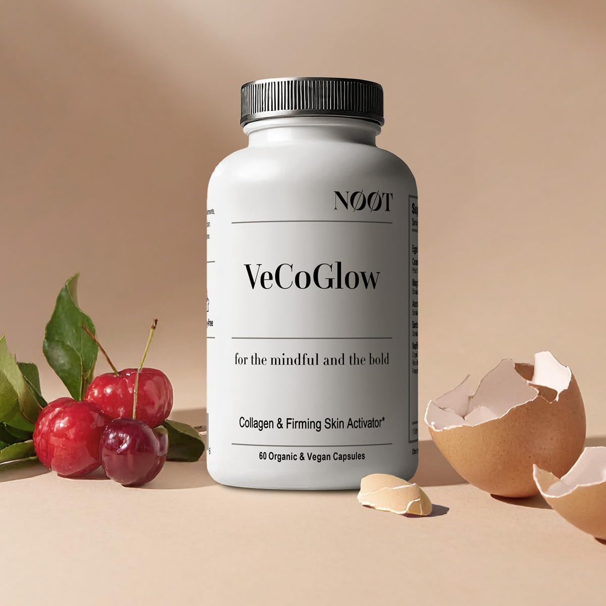 NØØT VeCoGlow Vegetarian Collagen for Women and Men with Vitamin C, Bioactive Eggshell Membrane Collagen Peptides (Types I, V & X) for Plump, Glowing, Smooth & Firm Skin, Hair Strength, 60 Capsules