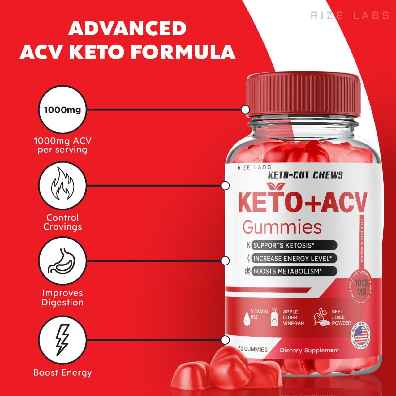 Rize Labs Keto-Cut Chews ACV Gummies 300