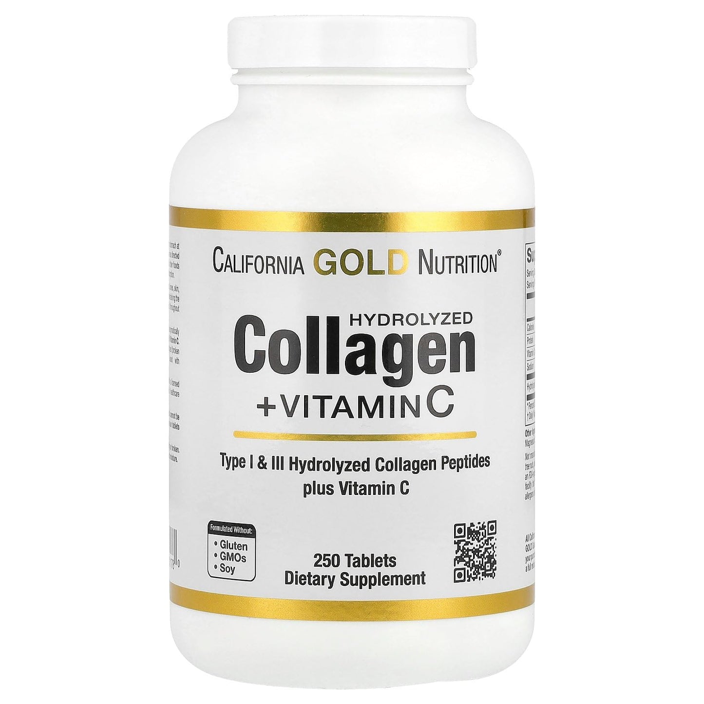 California Gold Nutrition Hydrolyzed Collagen Peptides Type I & III and Vitamin C Tablets, 250 Count