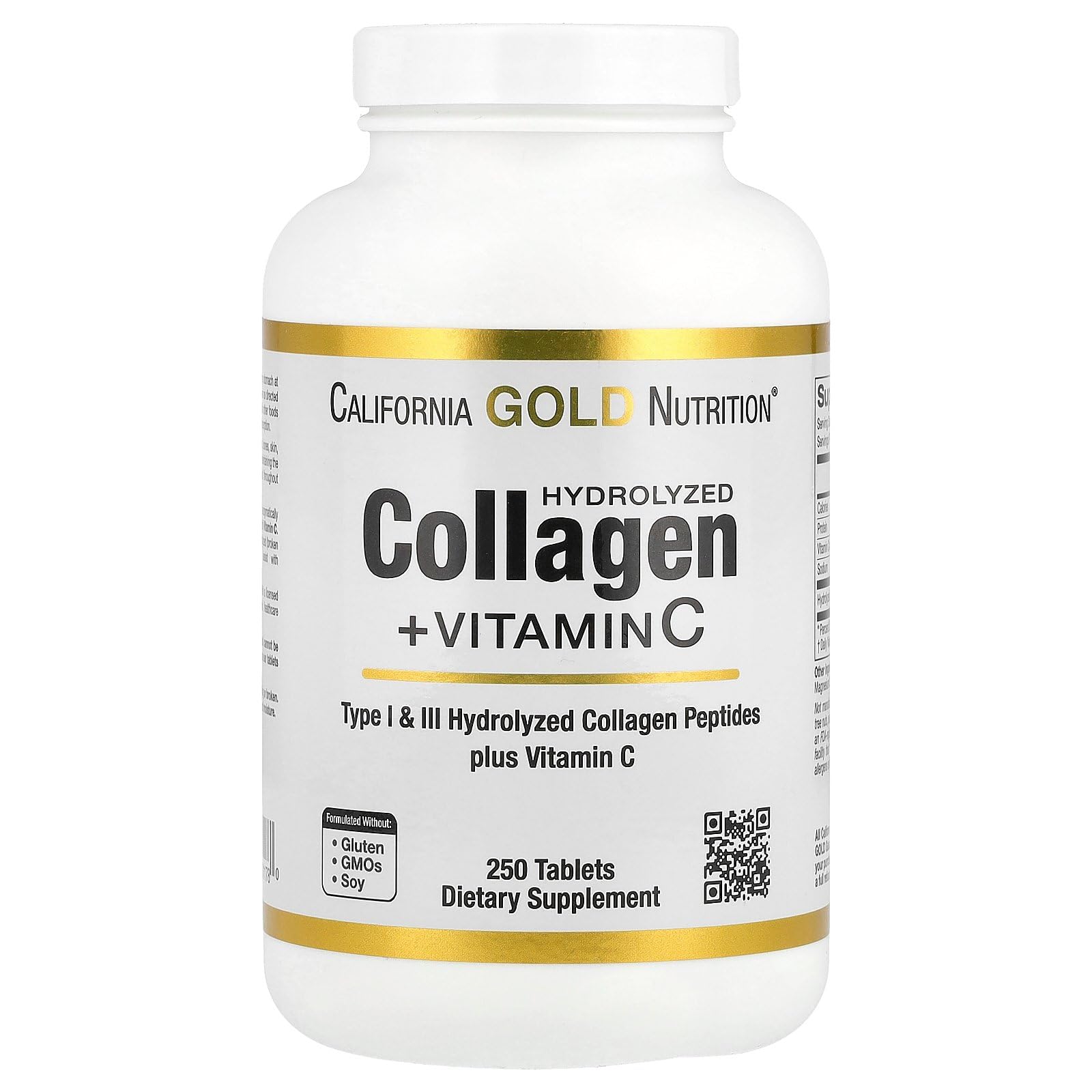 California Gold Nutrition Hydrolyzed Collagen Peptides Type I & III and Vitamin C Tablets, 250 Count