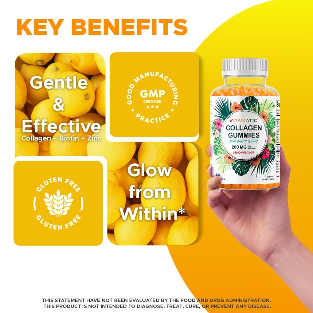 Vitamatic Hydrolyzed Collagen Gummies with Vitamin C, Zinc and Biotin, 200 mg, 60 Gummies