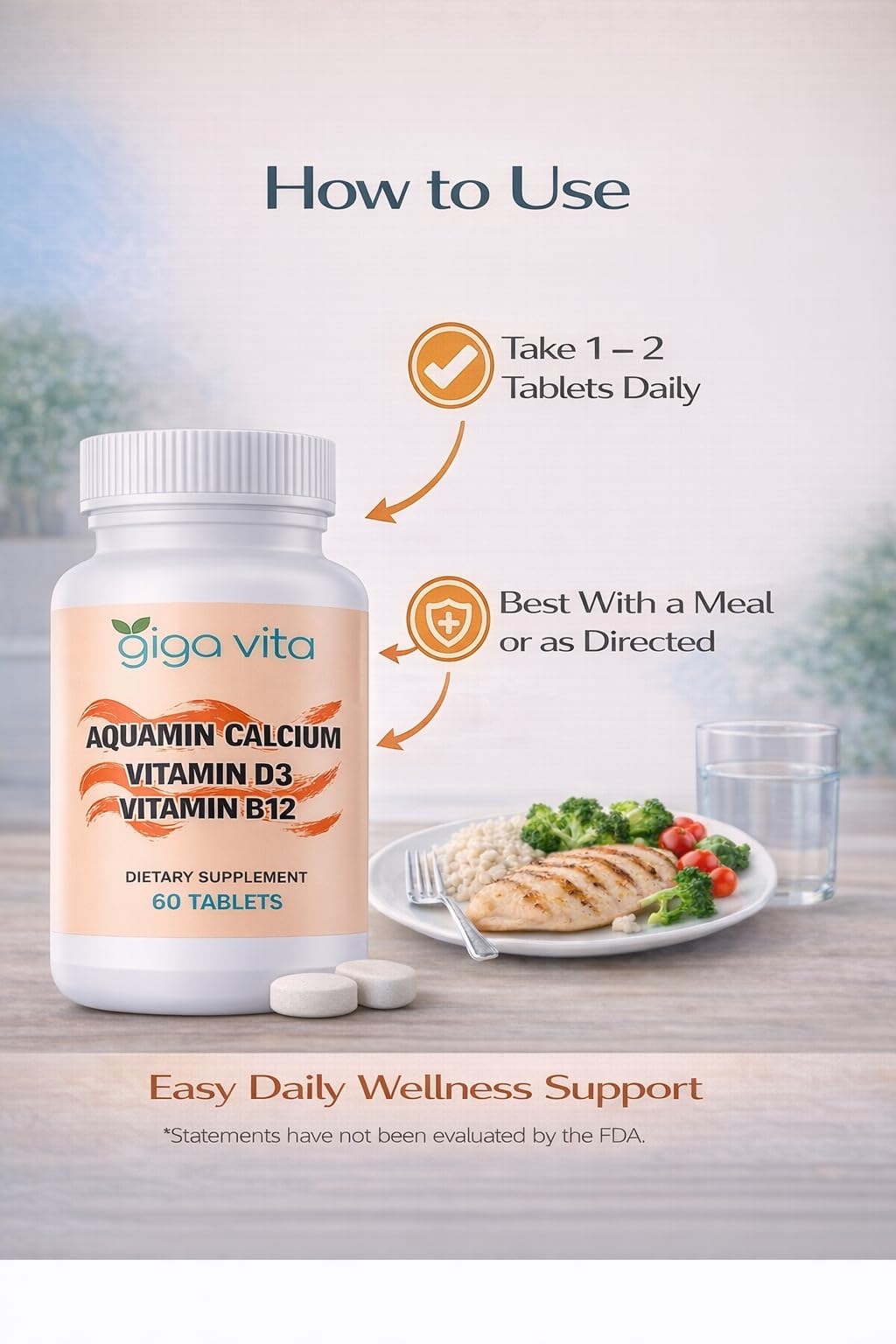 Giga Vita Aquamin Calcium with Vitamin D3 & Vitamin B12 – Bone, Joint & Energy Support – 60 Tablets