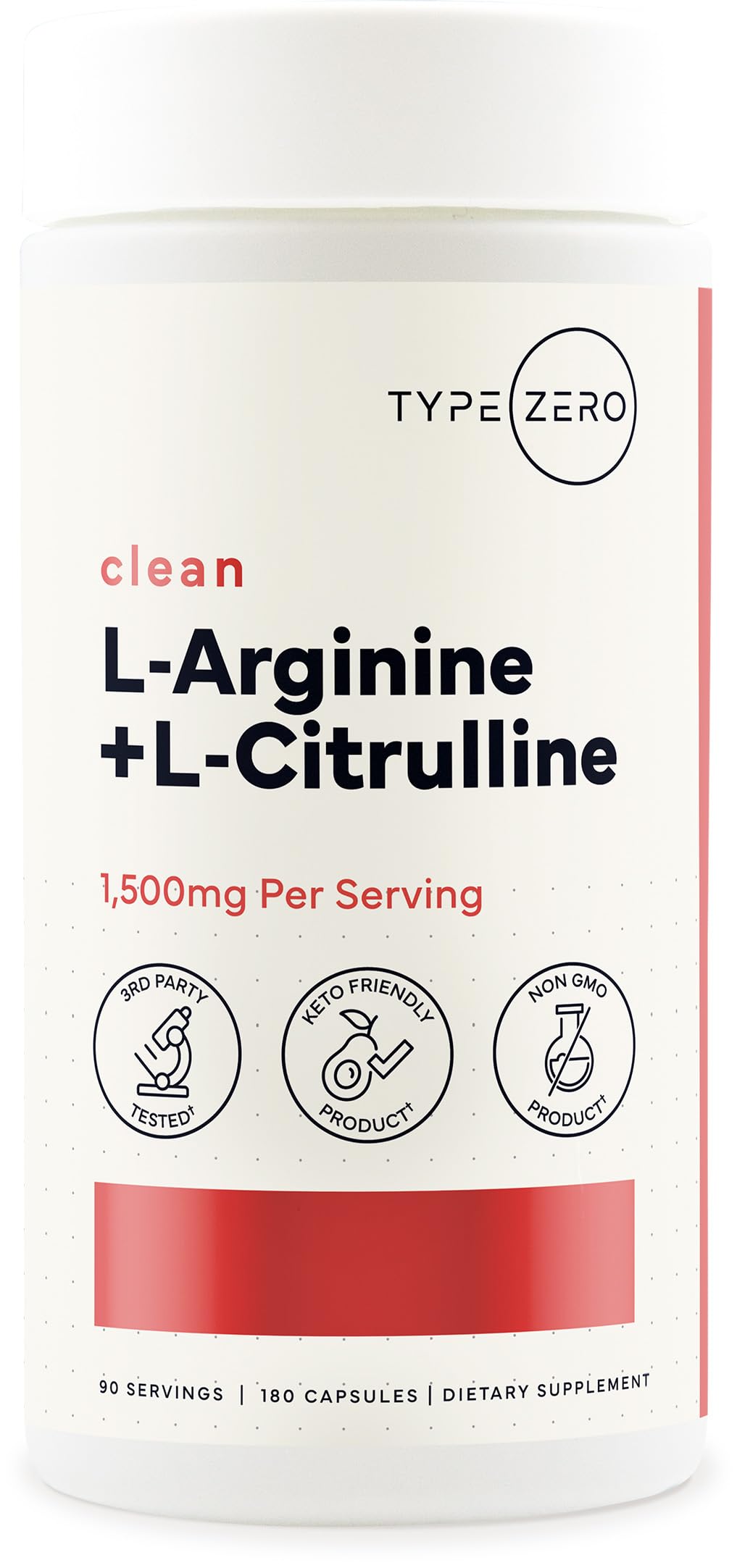 Type Zero L-Arginine + L-Citrulline Supplement (1500mg) - Nitric Oxide Booster - Clean, Keto-Friendly, GMO-Free Capsules, 180 Count