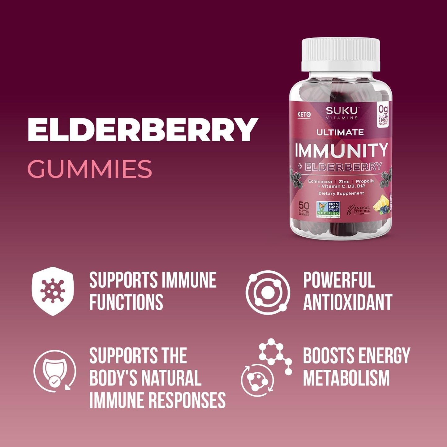 SUKU Ultimate Immunity Elderberry Echinacea and Propolis Gummies, Gummy, 50 Count