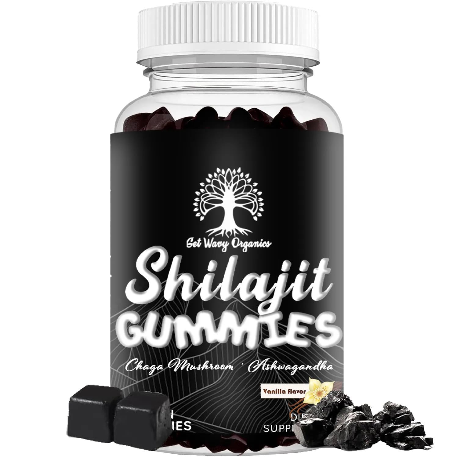 GET WAVY ORGANICS Pure Himalayan Shilajit Gummies with Ashwagandha and Chaga Mushrooms, Vitamin D2 and B12, Fulvic Acid and 85+ Trace Minerals, 60 Gummies