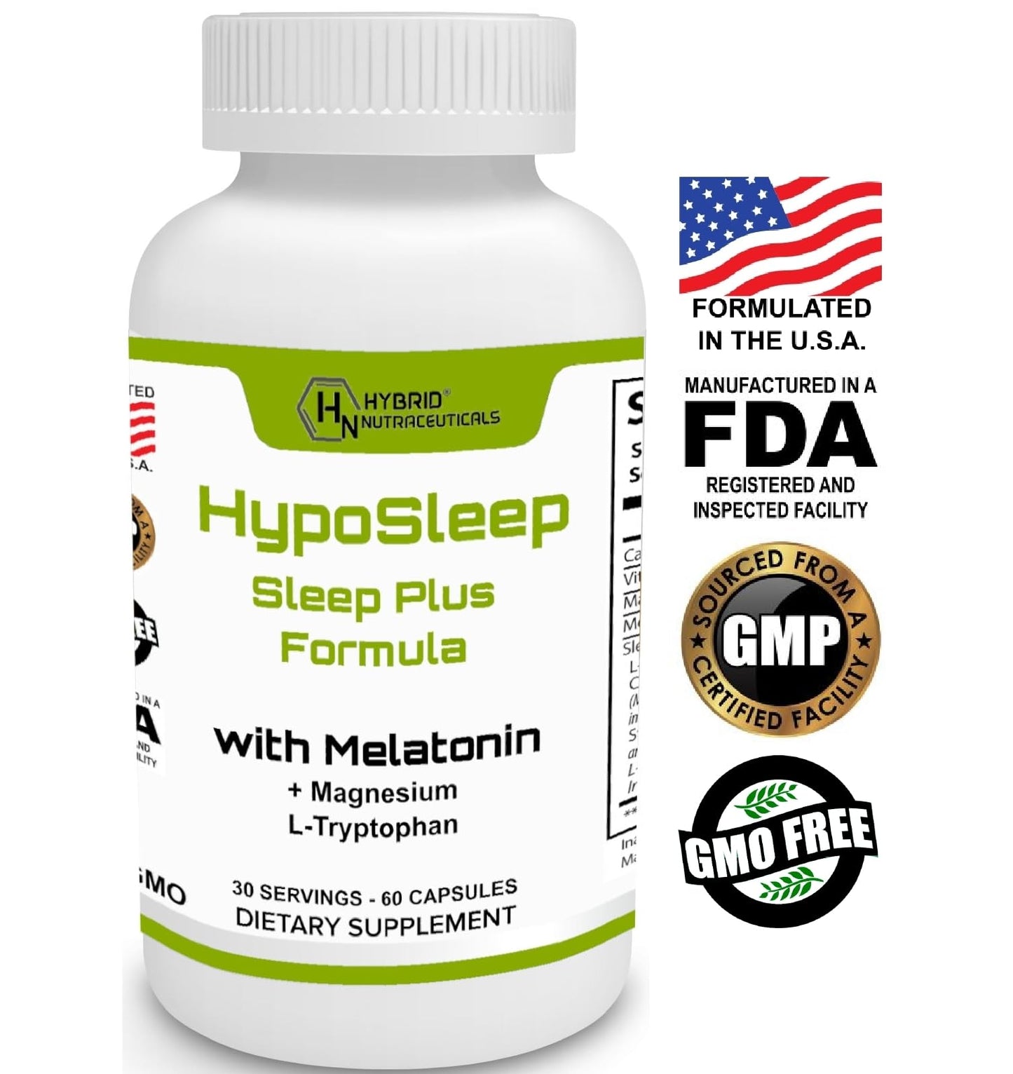 Hybrid Nutraceuticals HypoSleep with 10 mg Melatonin, 905 mg Sleep Plus Formula for Adults - Support Sleep & Relaxation, 5-HTP Supplement, Nighttime Sleep Aid, 60 Capsules