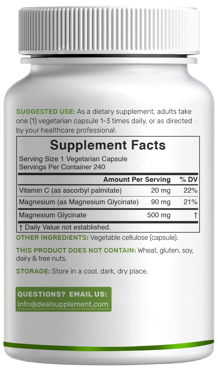 Deal Supplement Magnesium Glycinate 500mg Veggie Capsules, 240 Count