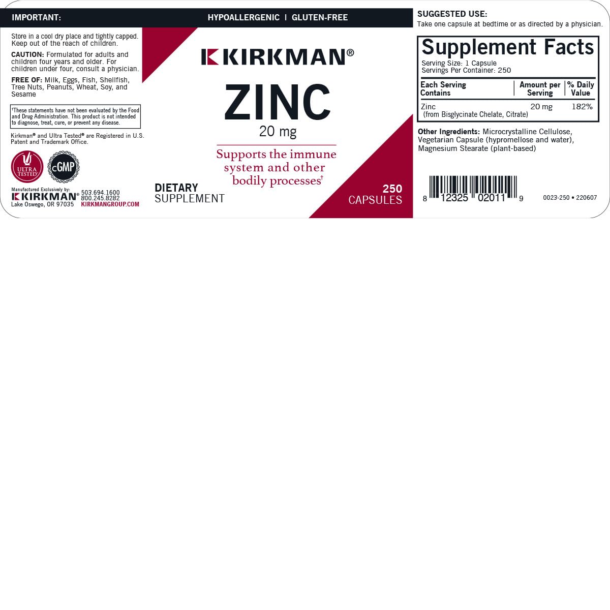 Kirkman Zinc 20mg Capsules, 250 Count