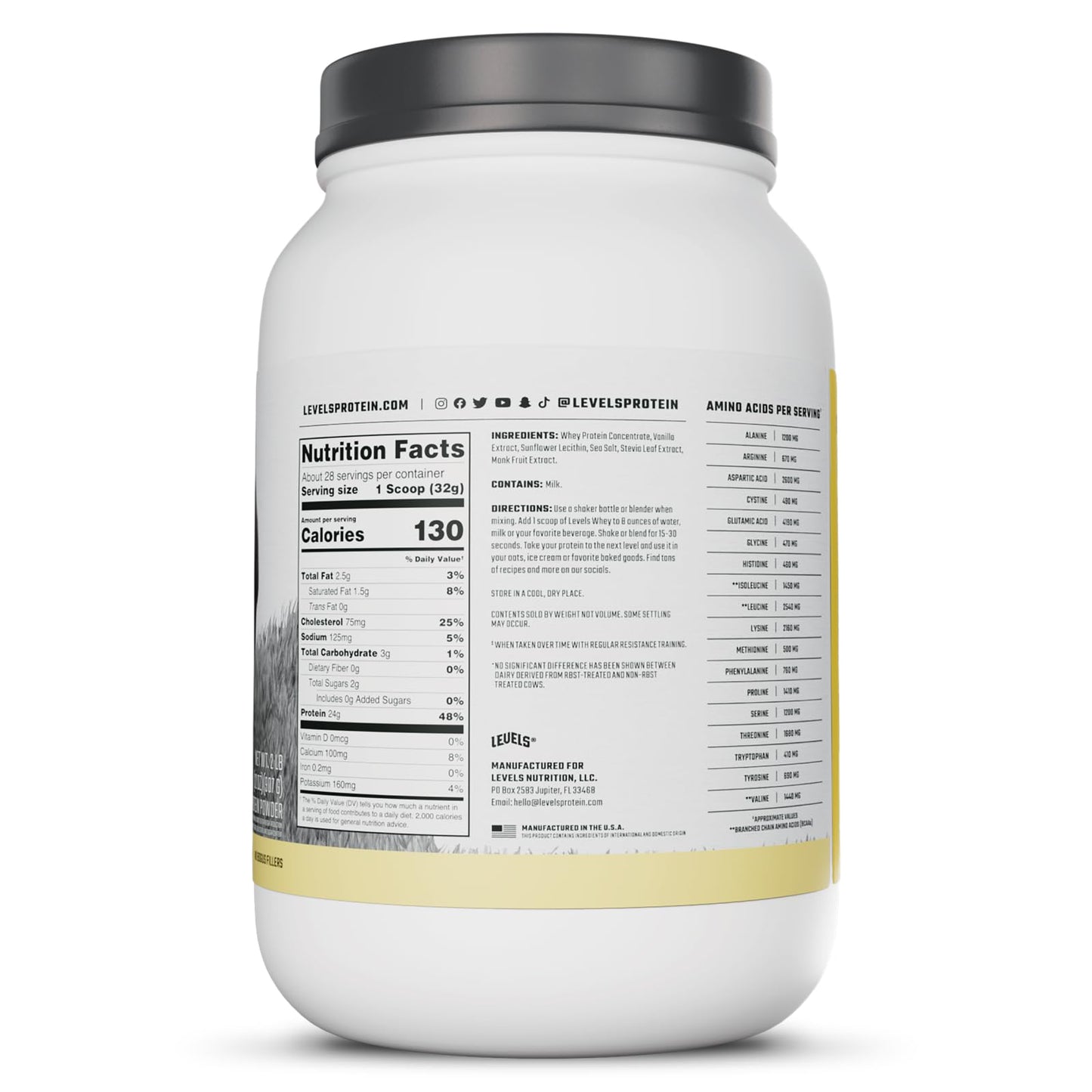 Levels Nutrition Grass Fed Whey Protein Powder Vanilla Bean, 32 Servings