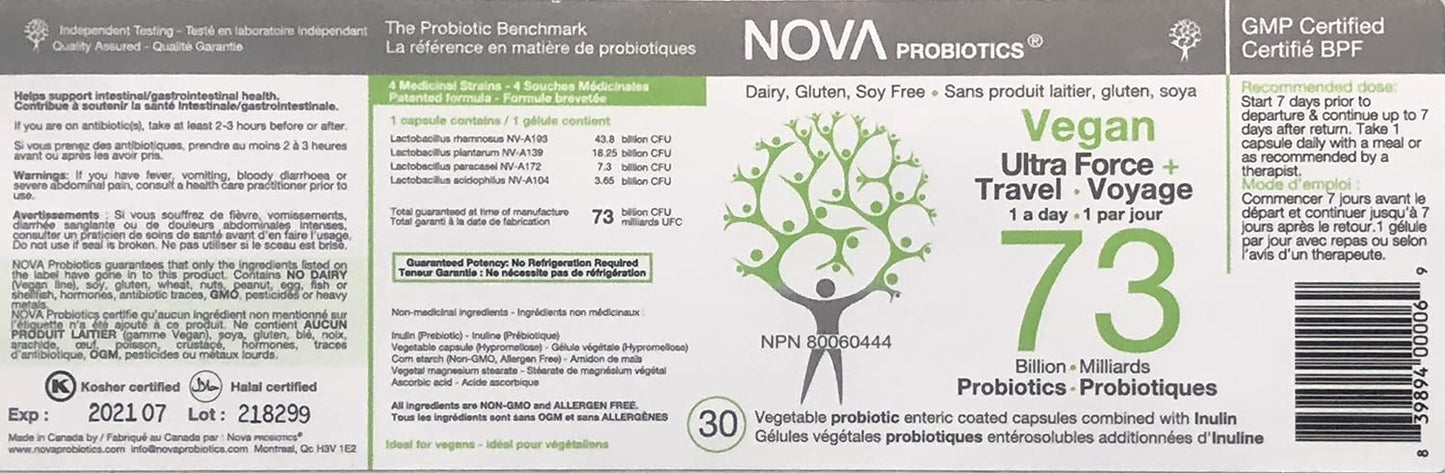NOVA Probiotics Vegan Ultra Strength & Travel 73 Billion Probiotics Capsule 30 Count