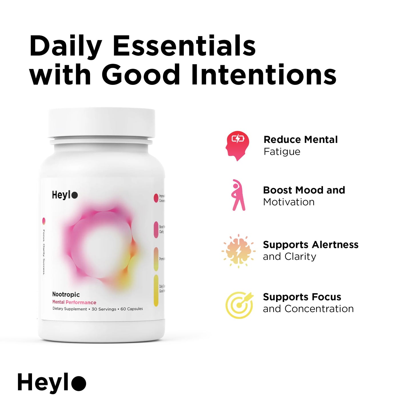 Heylo Health Nootropic Brain Supplement for Focus, Energy, and Memory Capsules, 60 Count