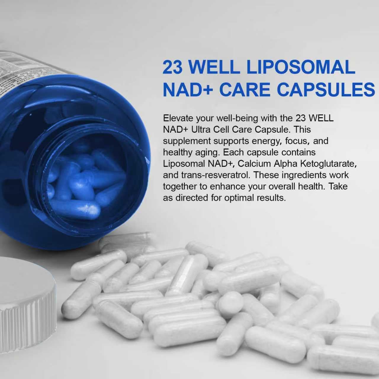 23WELL NAD+ Ultra Cell Care Capsules with Liposomal NAD+ Calcium Alpha Ketoglutarate & Trans-Resveratrol, 60 Capsules