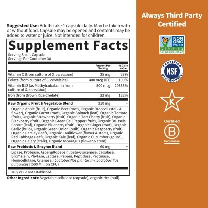 Garden of Life Vitamin Code Raw Iron Supplement Capsules, 30