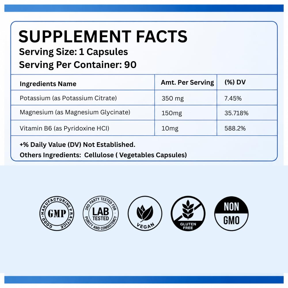 Nutrinic Wellness Potassium Citrate with Magnesium Glycinate & Vitamin B6 Capsules, 90 Count