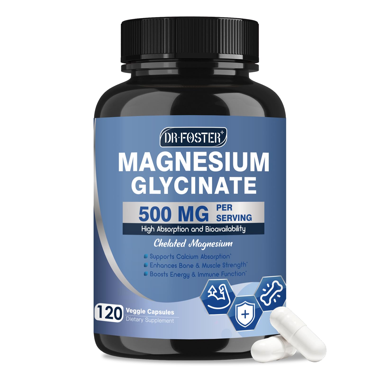 DRFOSTER Magnesium Glycinate 500mg with Zinc & Vitamin D3, 120 Veggie Capsules