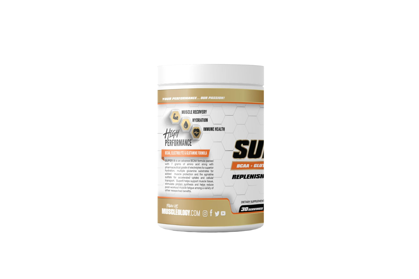MUSCLEOLOGY Super 8 High Performance BCAA, Electrolyte & Glutamine Blend Formula - Post-Workout Recovery and Muscle Building Supplement, Powder, 1.0582