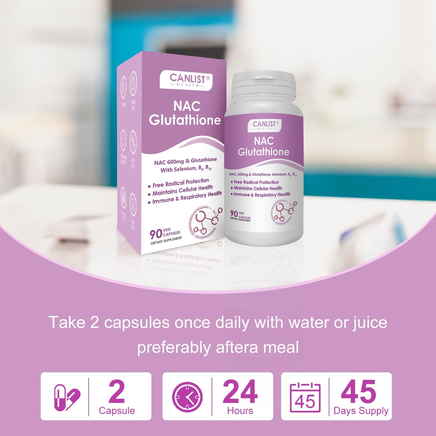 CANLIST NAC Supplement (N-Acetyl Cysteine) 600mg with Glutathione 400mg Capsules, 90 Count