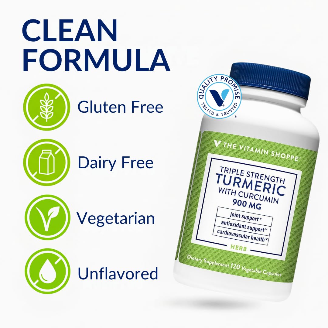 The Vitamin Shoppe Triple Strength Turmeric Supplement with Curcumin 900mg & BioPerine, Black Pepper Extract for Joint Mobility & Antioxidant Support, Vegetarian Capsules, 120 Capsules