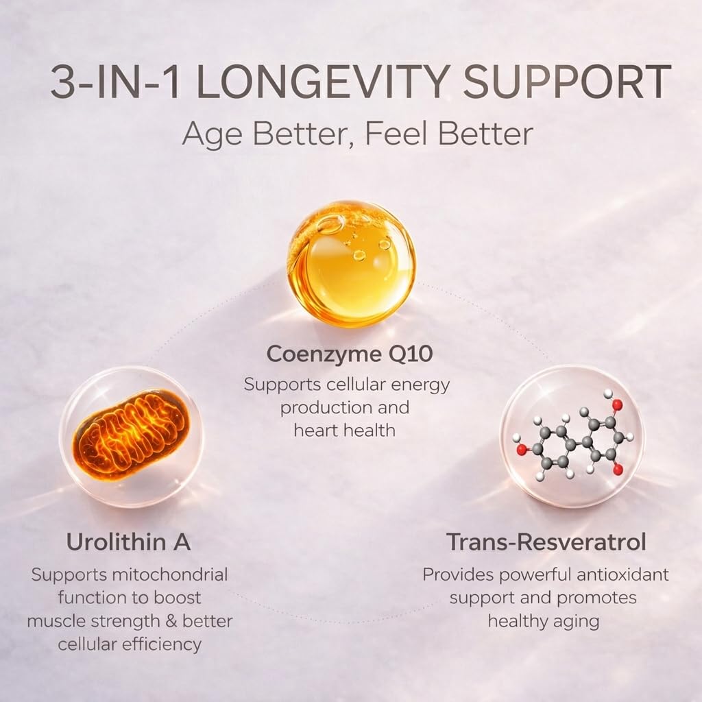 WINYEL Urolithin A Supplement Gummies 500mg with Trans-Resveratrol, CoQ10 Mitochondrial & Cellular Energy Support, 60 Count