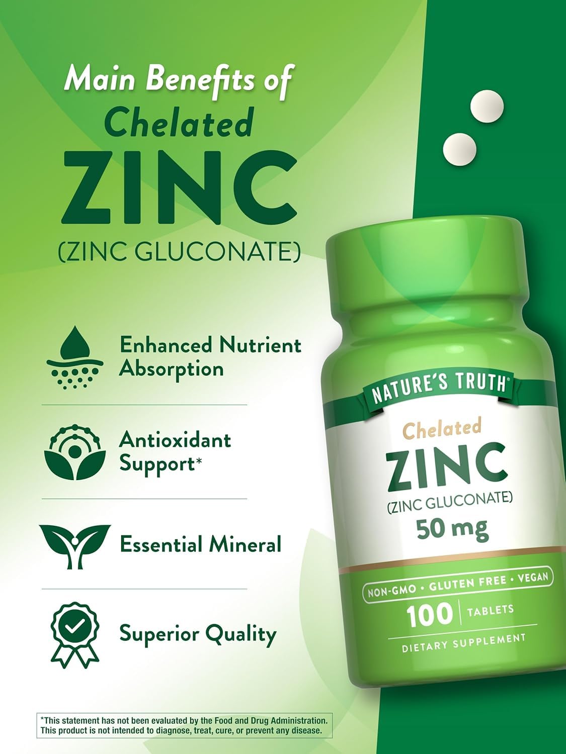 Nature's Truth Zinc 50 mg Chelated Tablets, 300 Count