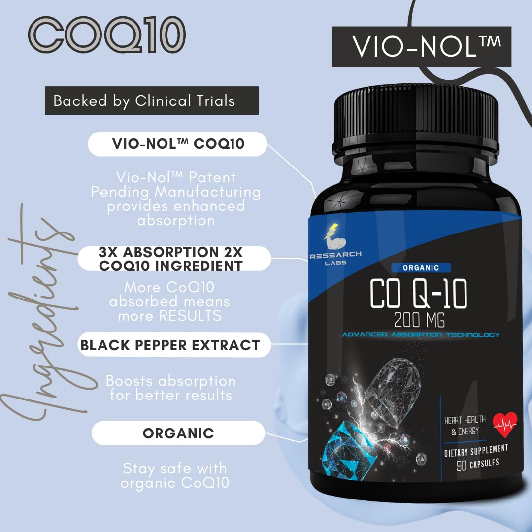 Research Labs Advanced Absorption CoQ10 200mg with Black Pepper Extract Softgels, 90 Count