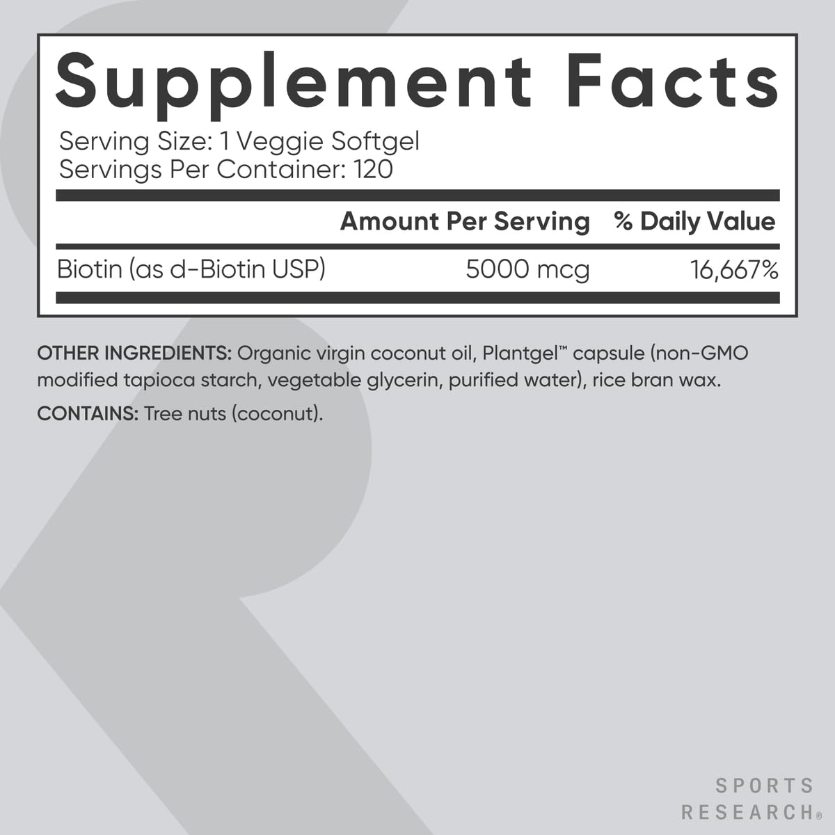 Sports Research Biotin 5,000mcg with Organic Coconut Oil Softgels 120