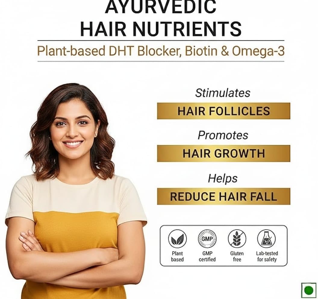 Generic DHT Blocker Ayurvedic Hair Nutrients Vitamins - Plant Based Gluten Free | Biotin, Omega-3 & Flaxseeds | 100% Veg, 60 Capsules
