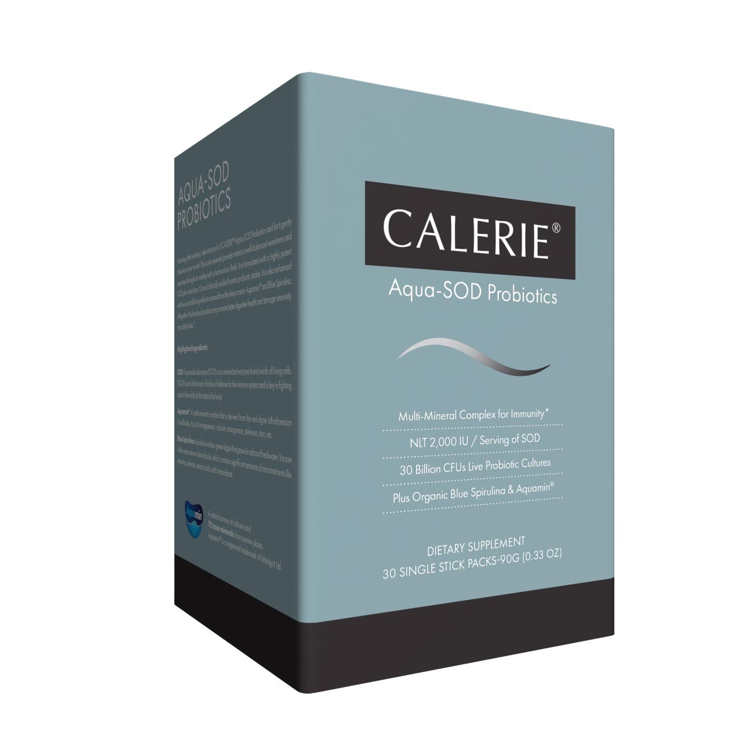 Calerie Aqua-SOD Probiotics Powder – NLT 2,000IU Per Serving, Multi-Mineral Complex for Immunity, Health for Better Vitality, Anti-Aging, Plus Organic Blue Spirulina & Aquamin, Pack of 30