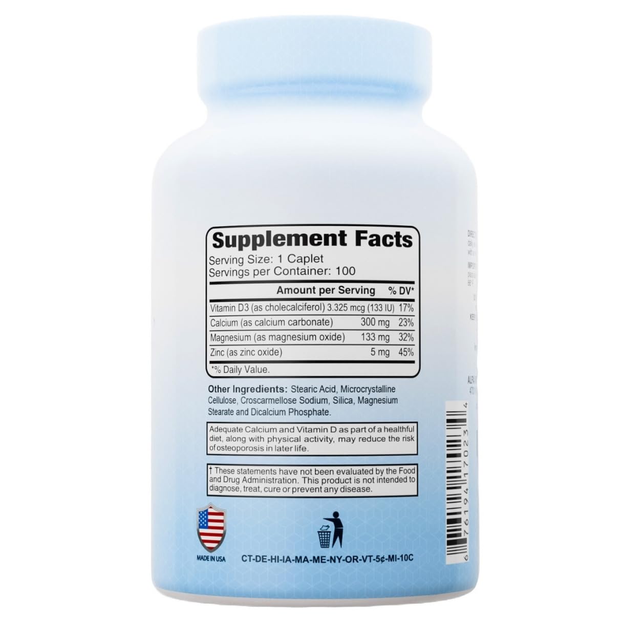 ALFA VITAMINS Calcium, Magnesium, Zinc Plus Vitamin D3 Caplets, 100 Count