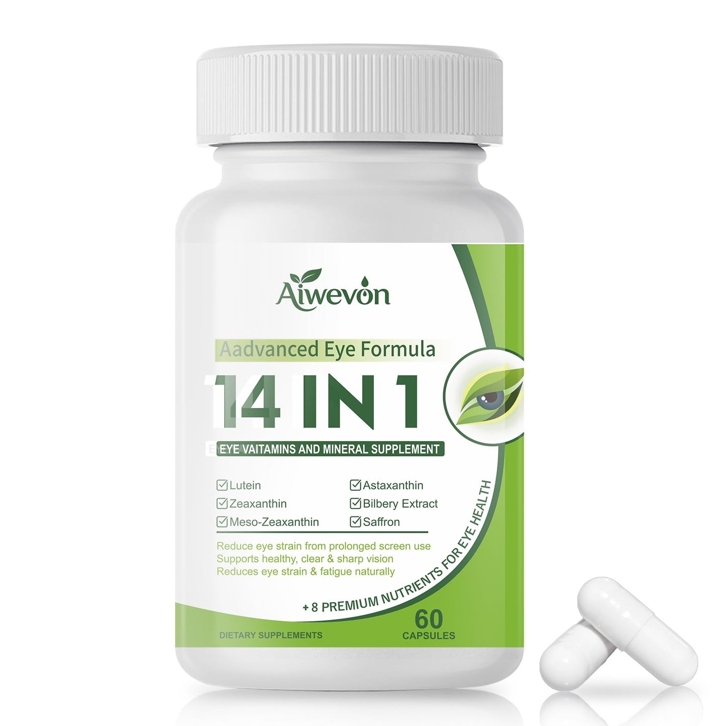 Aiwevon 14 in 1 Eye Vitamins Supplement for Vision & Eye Health – Lutein and Zeaxanthin Macular Support Formula for Clear Vision – Eye Supplements for Adults & Seniors, 120 Capsules