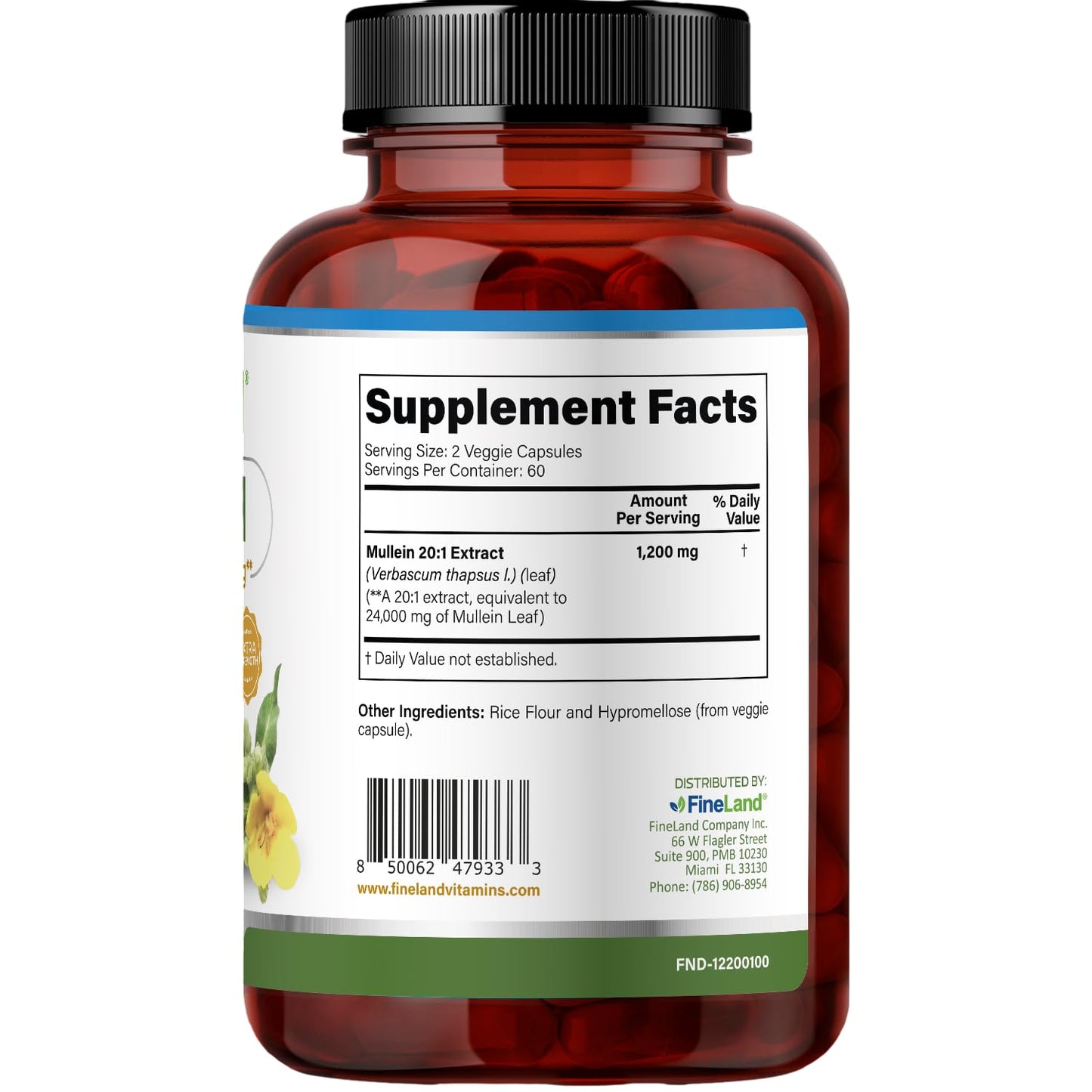 FineLand Mullein Extract Lung Cleanse & Respiratory Support Supplement, 120 Vegan Capsules