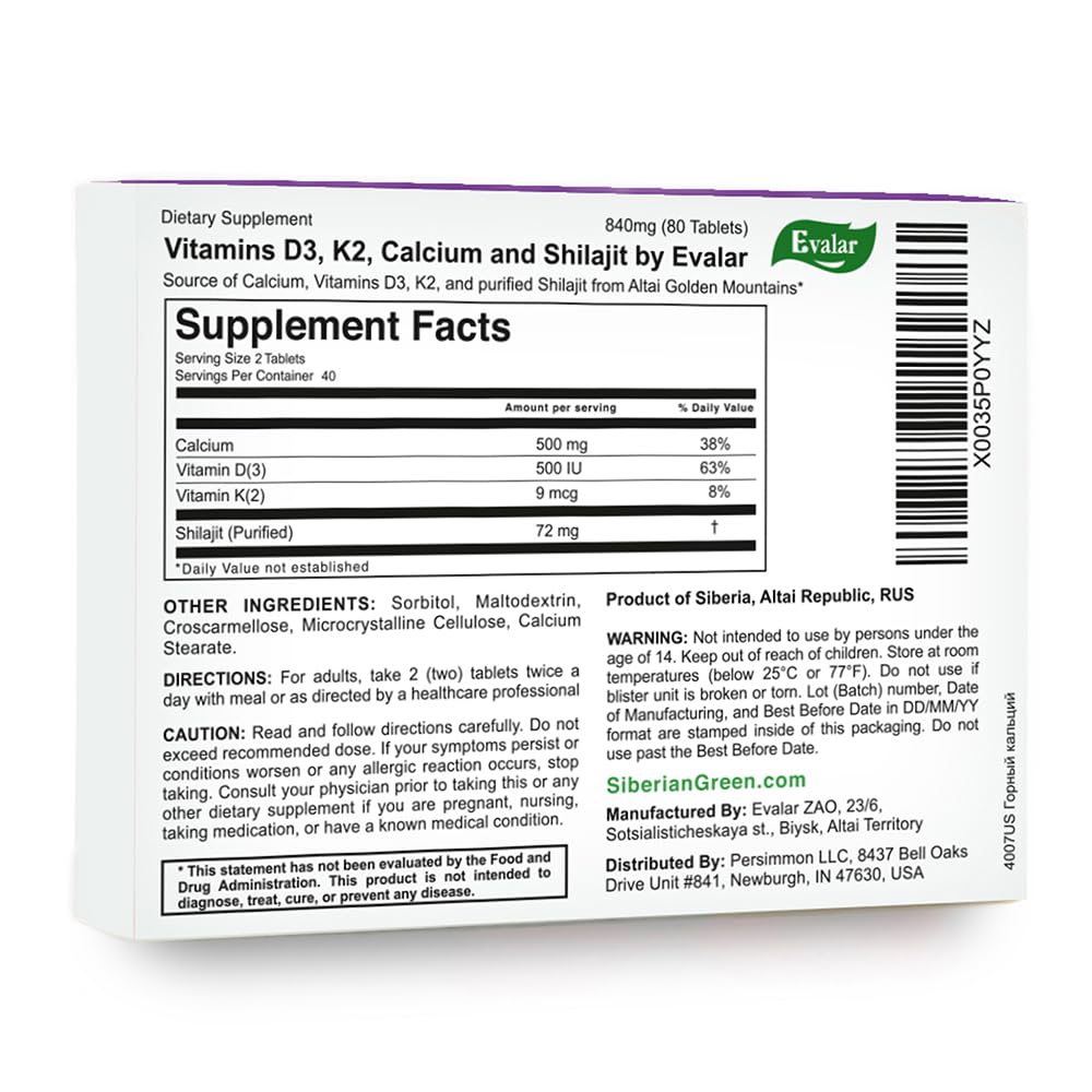 Evalar Mountain Calcium with Vitamins Siberian Herbs and Shilajit Golden, 80 Tablets