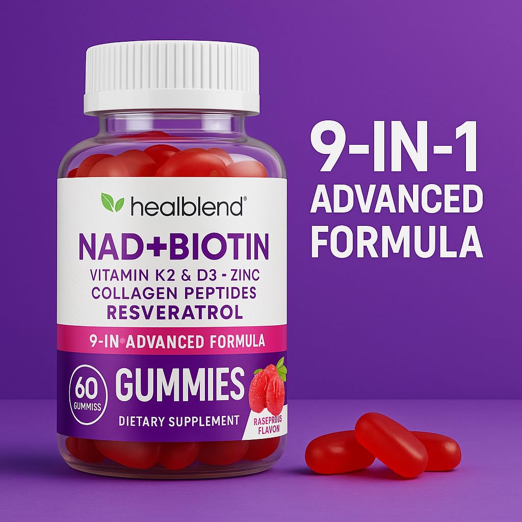 healblend NAD+ Biotin Gummies – Collagen Peptides, Resveratrol, Keratin & Berberine – Anti-Aging Hair, Skin & Nail Support – Vitamin K2 & D3, Zinc – Raspberry Flavor, 60 Gummies