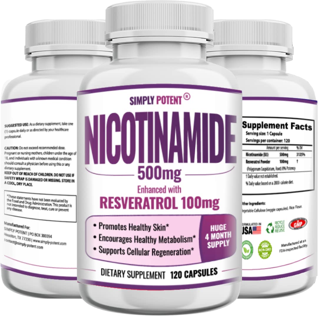 Simply Potent Nicotinamide 500mg with Resveratrol 100mg Veggie Capsules, 120 Count