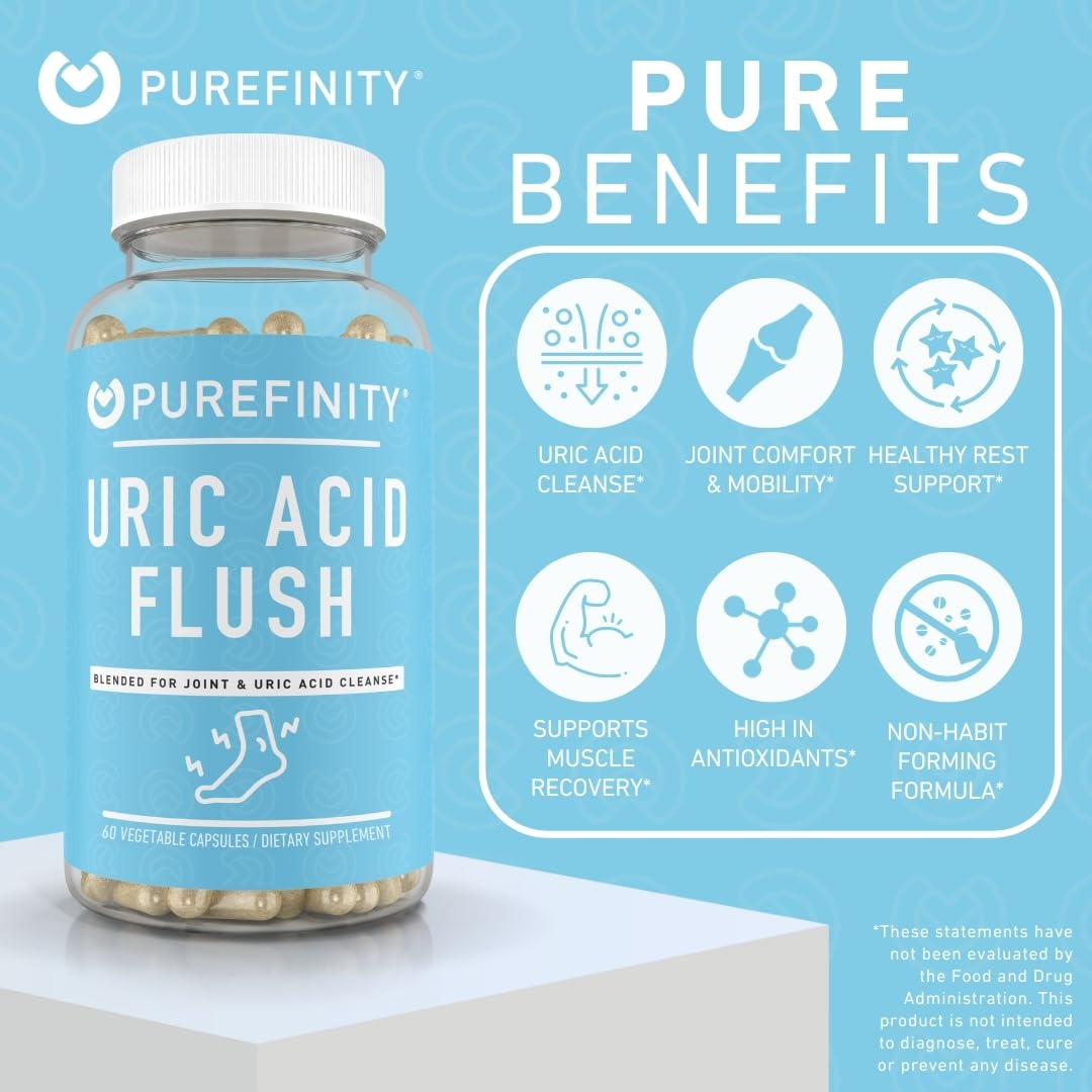 PUREFINITY Uric Acid Flush & Cleanse Capsules – Daily Joint Support for Adults with Tart Cherry Extract, Turmeric, Celery Seed, Chanca Piedra, and Bromelain, 60 Count