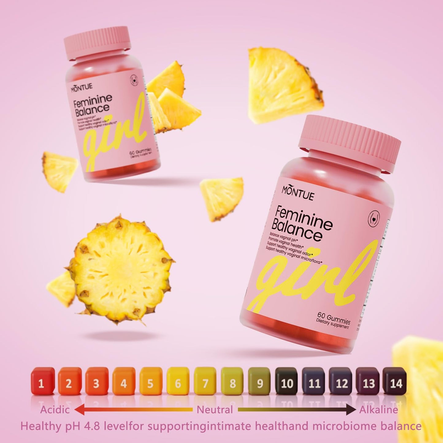 Montue Premium Feminine Balance Gummies with Prebiotics & Lactobacillus Probiotic Blend & Hawaiian Pineapple Immune Support, Vegan & Non-GMO, 120 Gummies