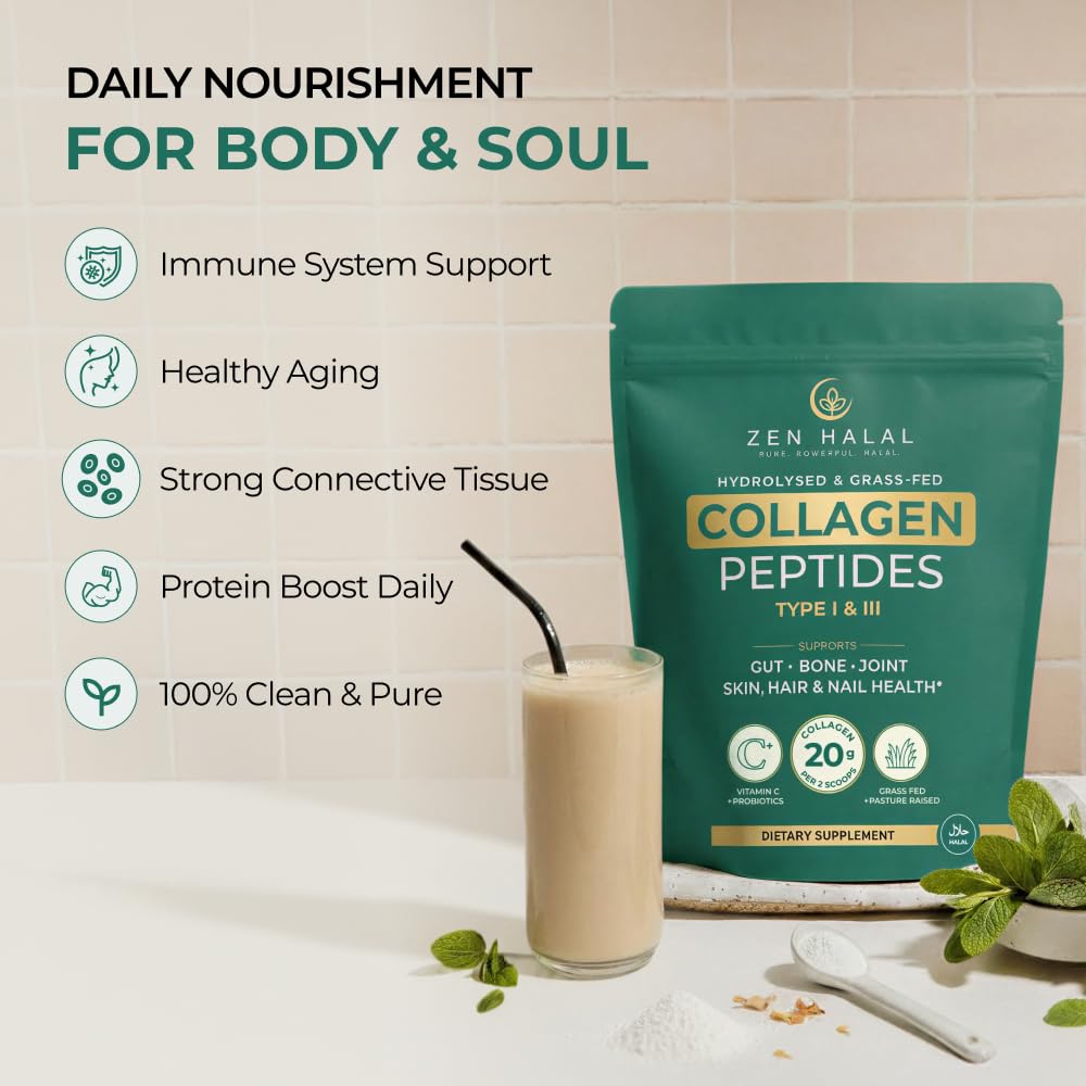 ZEN HALAL Collagen Powder with Vitamin C & Probiotic (18g Protein) Pure Grass Fed Halal Collagen Peptides for Women - Unflavored & Hydrolyzed Bovine Type I & III for Skin, Hair, Nails, Joints and Gut 14.3 Ounce