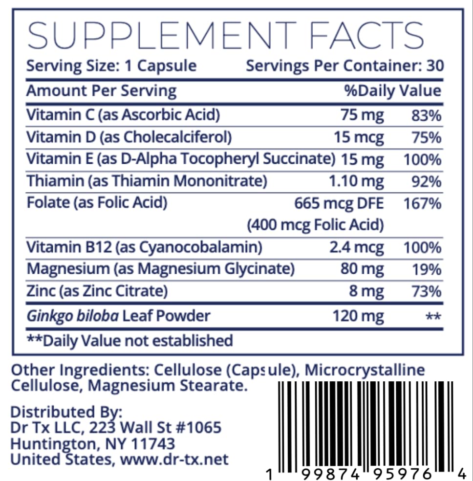 Dr. TX Memory Support Neurologist-Formulated Brain Supplement for Memory, Recall & Mental Clarity – Cognitive Health Support for Adults & Seniors – Caffeine-Free Capsules, 30 Count
