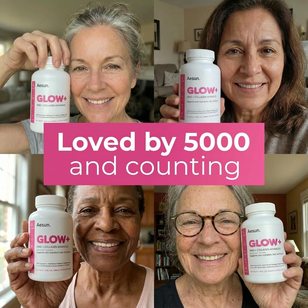 AESUN Glow+ NAD+ Hydrolyzed Collagen Advanced Gummies with Resveratrol & Hyaluronic Acid for Skin, Hair & Nails, Peach Flavor, 120 Gummies