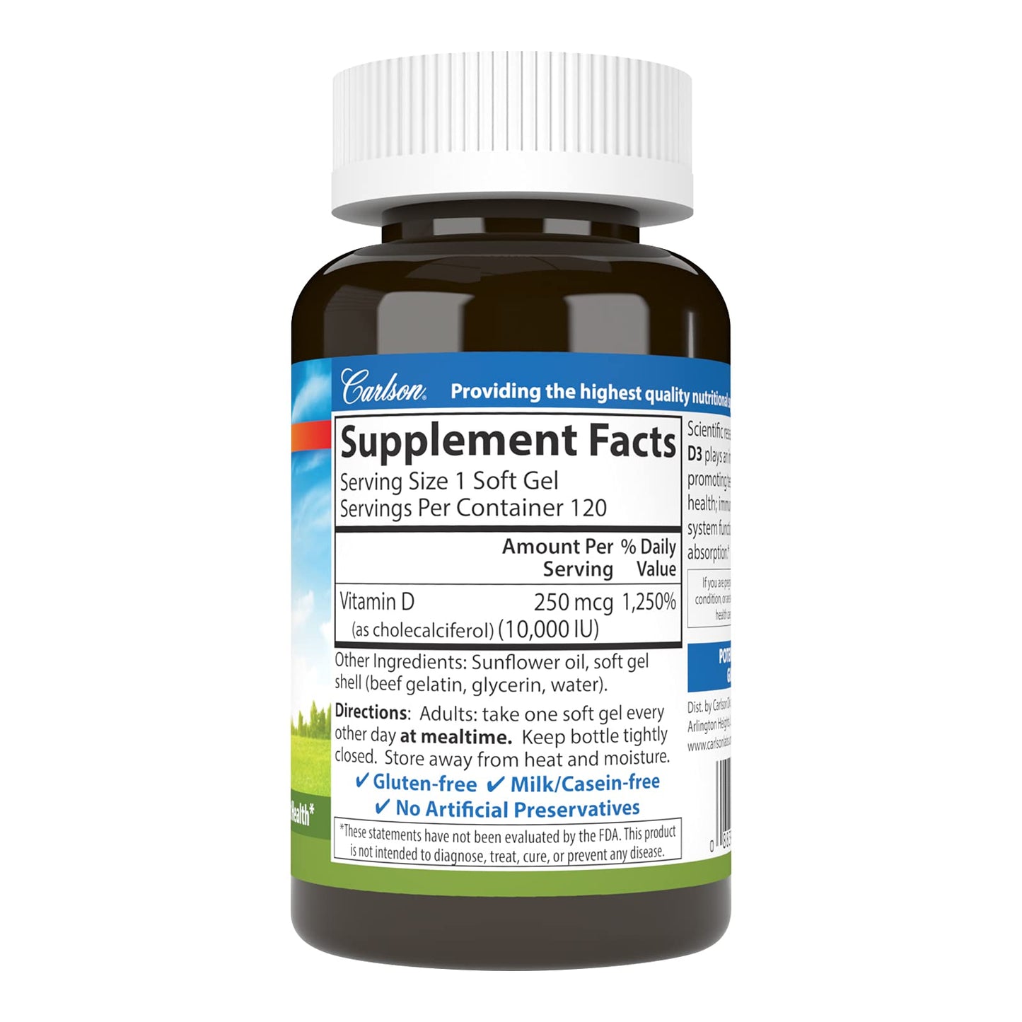 Carlson Vitamin D3 Softgels, 10000 IU (250 mcg), 120 Softgels