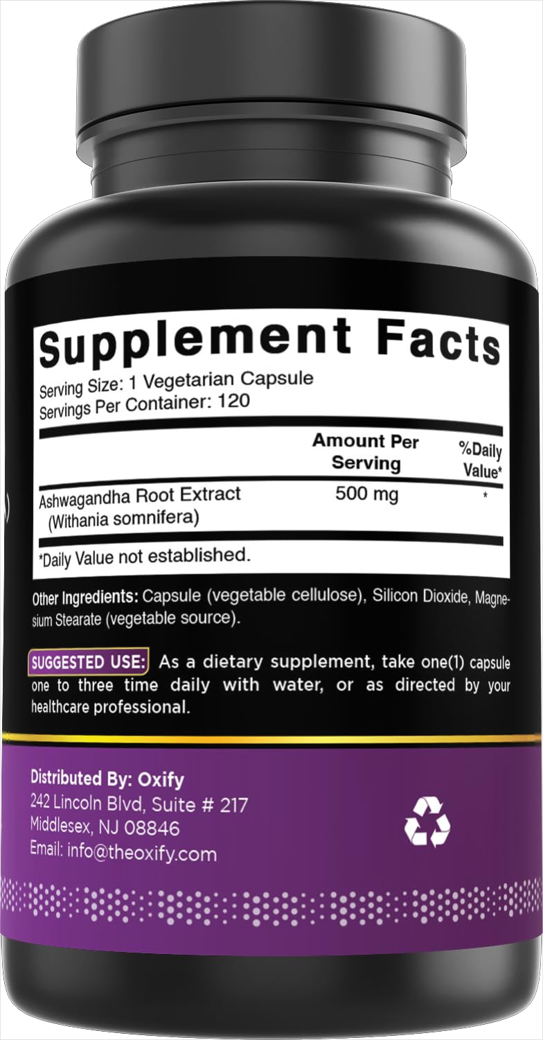Oxify Ashwagandha (Withania Somnifera) 500 mg Capsule 120 Count
