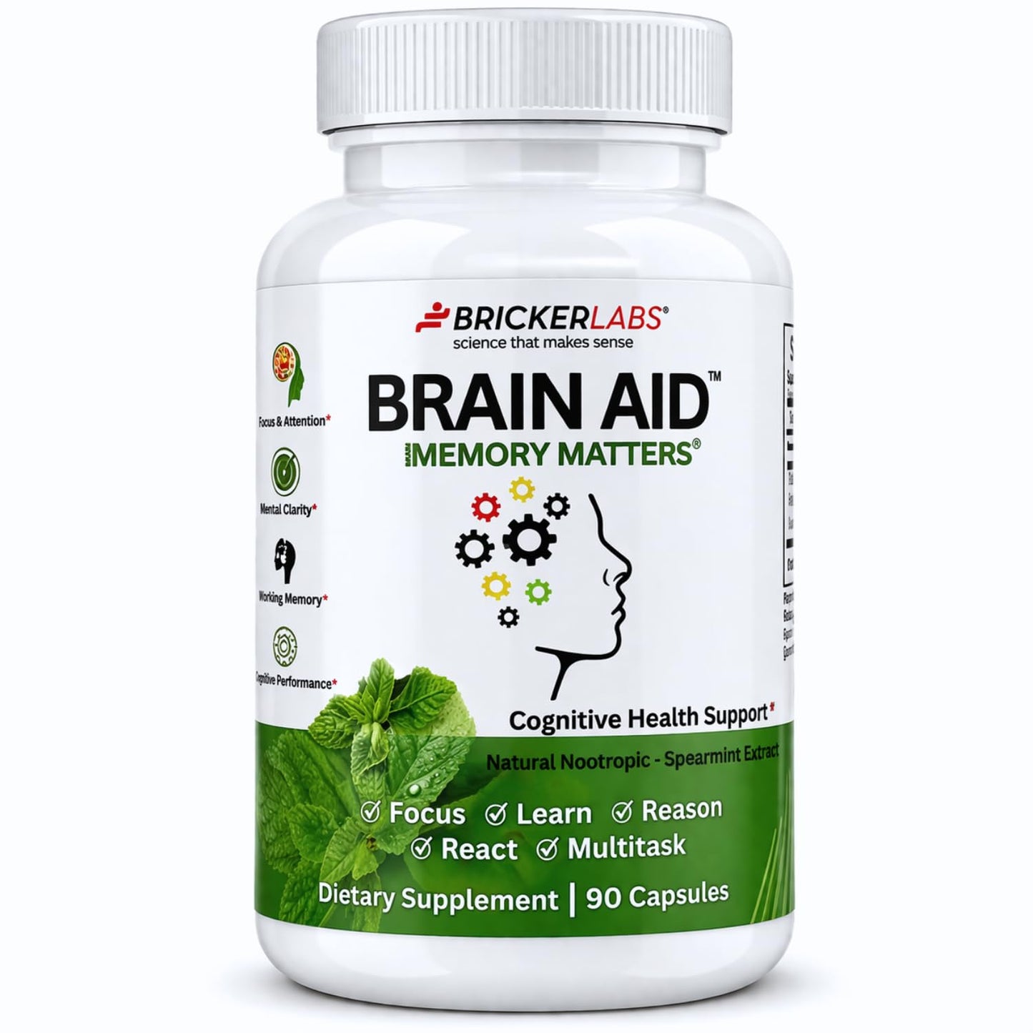 Bricker Labs Brain Aid Memory Matters Nootropic Brain Supplement with Neumentix Spearmint Extract Capsules, 90 Count