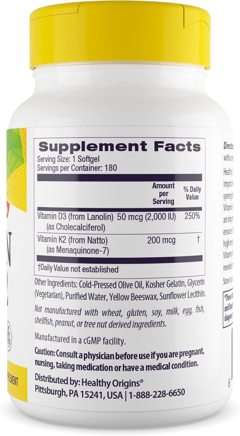 Healthy Origins Vitamin D3 2000 IU (50 mcg) & Vitamin K2 200 mcg (MK-7) Softgels, 180 Count